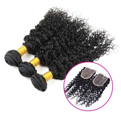 Natural Malaysian Virgin Hair Extensions / Malaysian Curly Hair With Silk Base Closure supplier